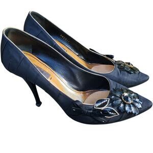 Louis Vuitton Black Pleated Satin Pointed Flower Embellished Pumps Size 37.5